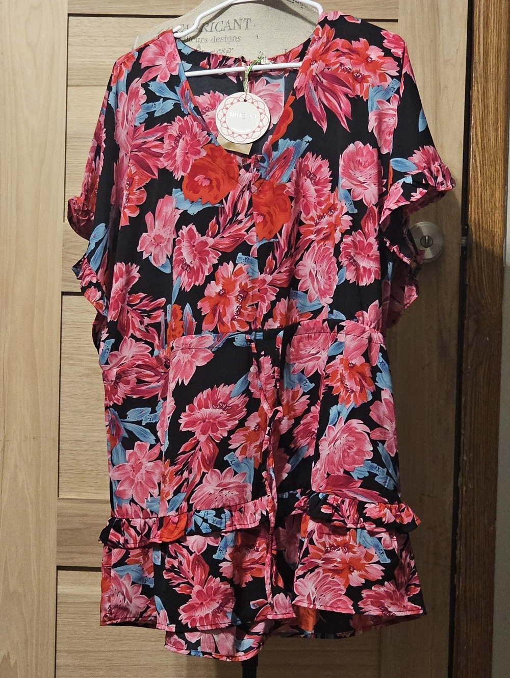 Floral Ruffle Romper - Pink & Blue Flowers on Black